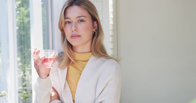 Young Woman Reflecting While Holding Drink by Window - Download Free Stock Images Pikwizard.com