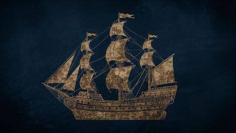 Golden sailing pirate ship on navy blue canvas
