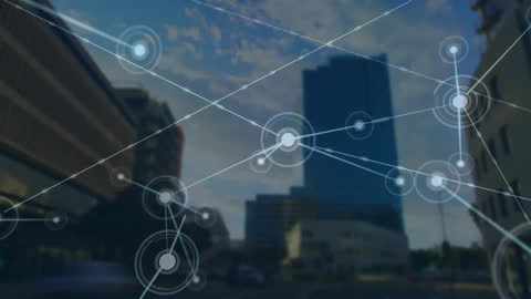 Animated Digital Network Connections Overlay on Urban Cityscape
