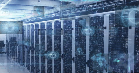 High-Tech Server Room With Digital Infographics and Data Overlay