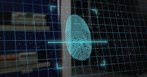 Biometric fingerprint scanning on futuristic digital interface