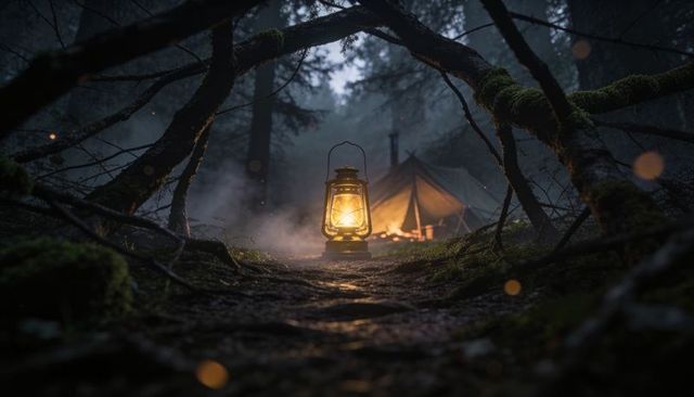 Antique lantern casting warm light on misty forest path with canvas tent and campfire glow