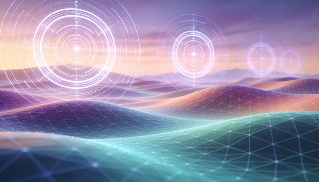 Holographic wireframe landscape with glowing radar nodes and futuristic grid horizon