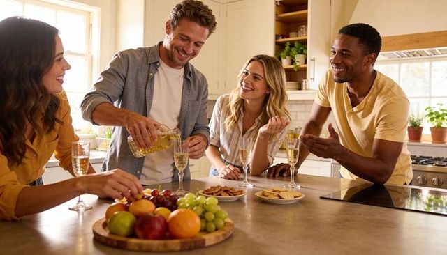 Friends gathering in bright home kitchen celebrating with champagne and fruit platter