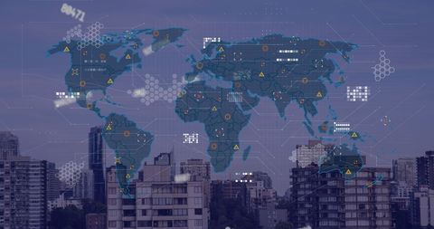 Digital World Map Interface Over Urban Skyline - Download Free Stock Images Pikwizard.com