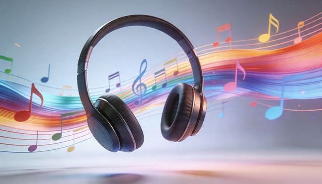 Floating matte black over-ear headphones with rainbow musical waves and notes
