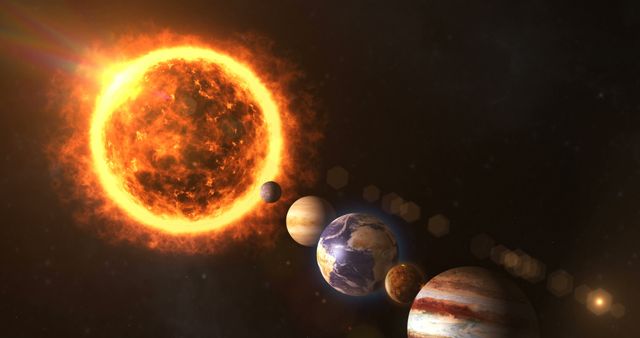 This artistic rendering depicts planets of the solar system in alignment with the sun. Ideal for educational content on astronomy, science blogs, textbooks, or space-themed decorations.