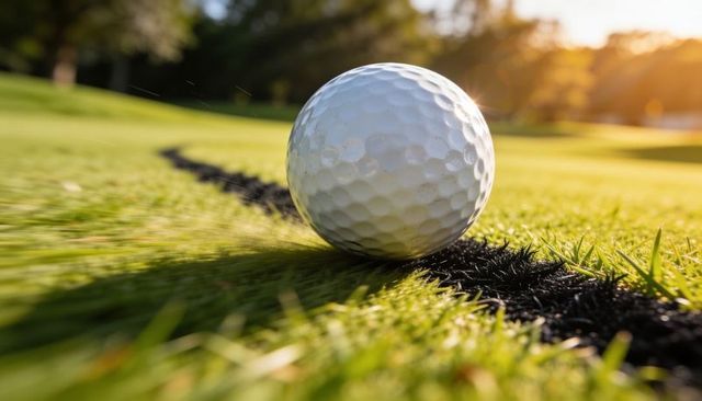 Resting white golf ball on putting green with black turf seam, golden hour closeup