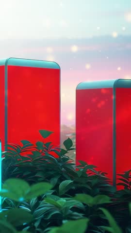 Vertical loop of glowing prisms cycling neon colors behind lush foliage