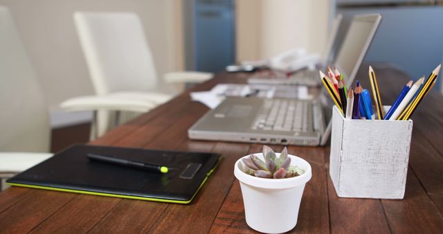 Modern office desk with laptop and drawing tablet illustrating a creative workspace. Pencils and a small potted succulent on the desk add a touch of greenery and creativity. Ideal for use in articles about remote work, creative professions, or interior office design.