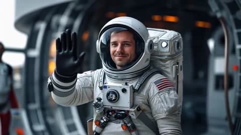 Astronaut Waving Inside Spacecraft Corridor