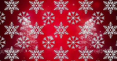 Seamless Snowflakes and Christmas Trees on Festive Red Background