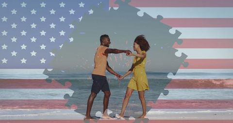 Couple Dancing on Beach with USA Flag Puzzle Overlay