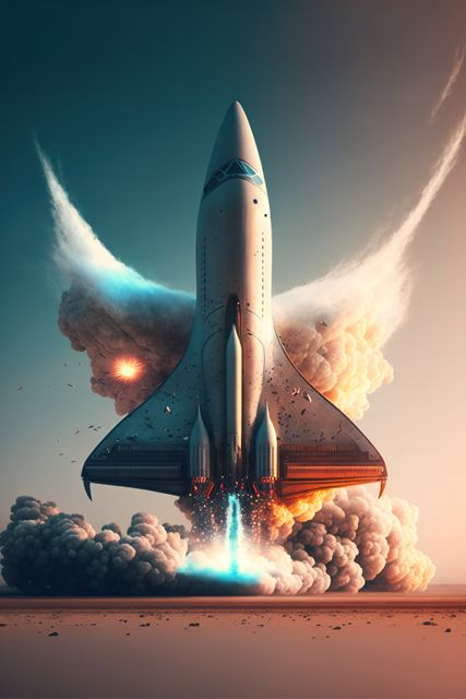 Depicting ambitious space exploration, the image showcases a futuristic spaceship rapidly ascending, surrounded by billowing smoke and illuminating flames. The design emphasizes advanced technology and adventure. This can be used in technology presentations, sci-fi book covers, educational material about space, or promotional material for space travel initiatives.