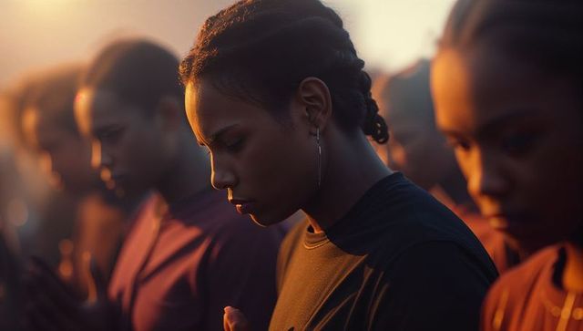 Young Woman Meditating with Teammates at Sunset
