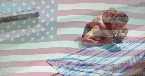 Father and Son Enjoying Summer Pool Time with American Flag Overlay
