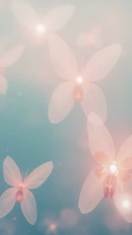 Translucent flowers pulsing luminous cores on teal-green gradient vertical loop