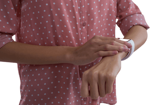 Woman in Polka Dot Shirt using Transparent Display Smartwatch - Download Free Stock Videos Pikwizard.com