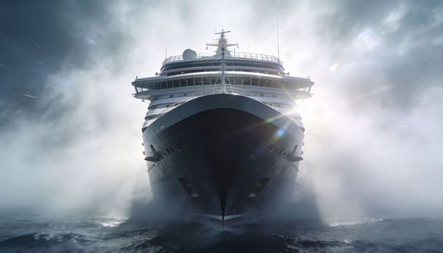 Dramatic ocean liner plowing through dense sea mist with sunlight flare and bridge detail