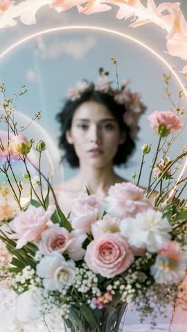 Vertical video pulling focus from pastel bouquet to soft-focus model wearing floral crown