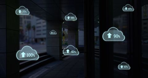 Digital cloud icons indicating uploading progress in urban environment