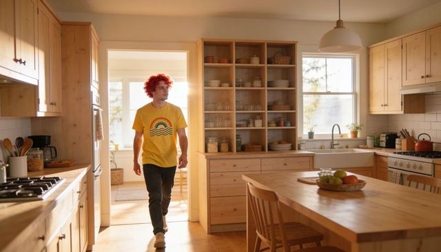 Red-haired man entering sunlit rustic farmhouse kitchen with wooden island and fruit bowl