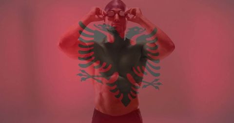 Caucasian Male Swimmer with Albania Flag Overlay