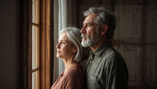 Gazing senior couple standing at wooden window reflecting together in soft natural light