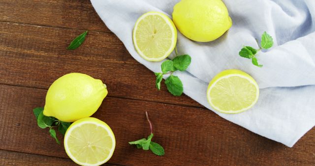 Lemons and mint leaves are placed on a wooden surface, with two lemons sliced in half and two whole. Refreshing and vibrant composition is ideal for promoting healthy eating, fresh ingredients in cooking, or use in recipes. Perfect for use in marketing materials for food and drink industries, healthy living blogs, and kitchen decor.