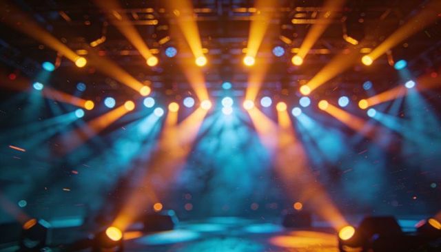 Dynamic Concert Lighting with Amber and Blue Beams, Fog Haze, Moving Head Fixtures