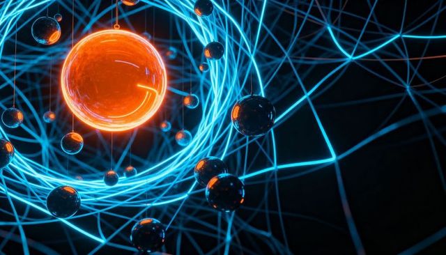 Neon orb energy core surrounded by reflective spheres and cyan filament network