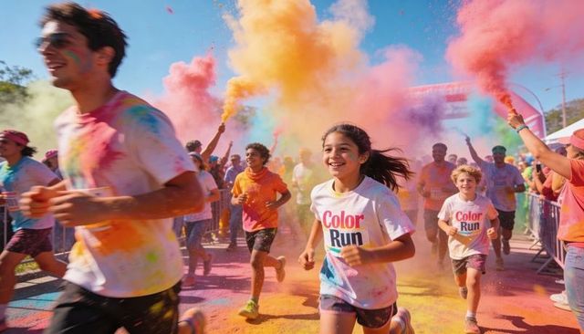 Smiling kids and adults running through rainbow powder during energetic color run festival