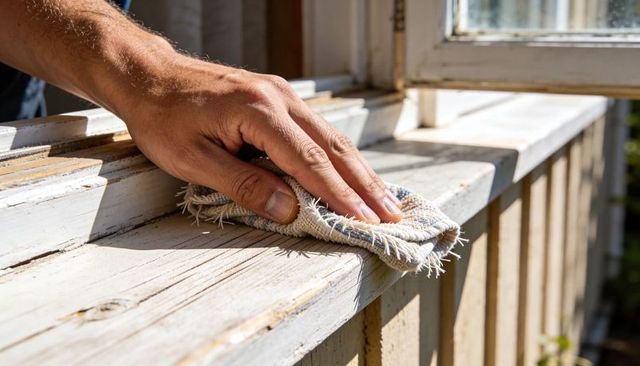 Hand wiping weathered window sill with frayed rag sunlit exterior wood maintenance