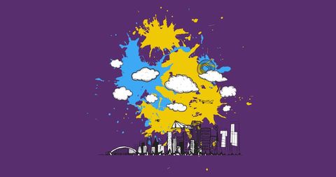 Colorful Urban Cityscape Art Against Purple Backdrop - Download Free Stock Images Pikwizard.com