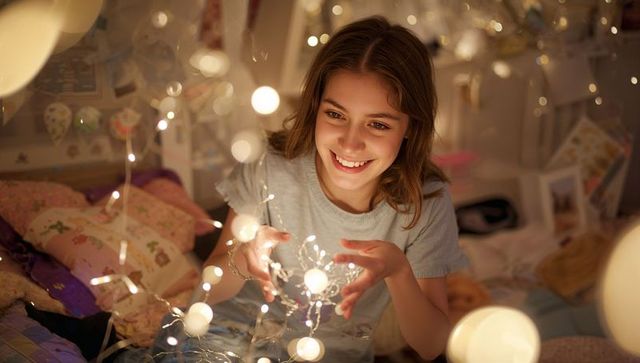 Smiling Girl Brightening Bed with Enchanting Fairy Lights