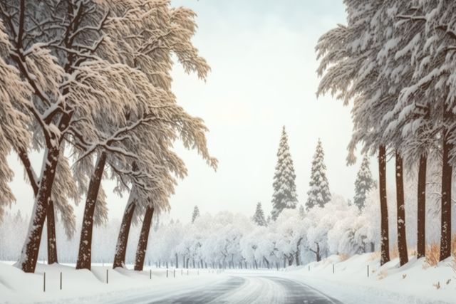 Serene, picturesque winter road winding through a snow-covered forest filled with pine trees. Perfect for illustrating winter travel destinations, nature preserves, seasonal promotions, or tranquil winter landscapes.
