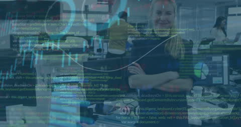 Confident Businesswoman in Office with Digital Data Overlay