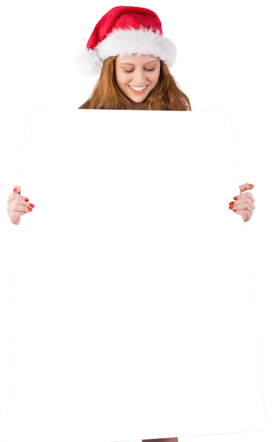 Redhead Woman Holding Blank Poster in Santa Hat with Transparent Background - Download Free Stock Videos Pikwizard.com