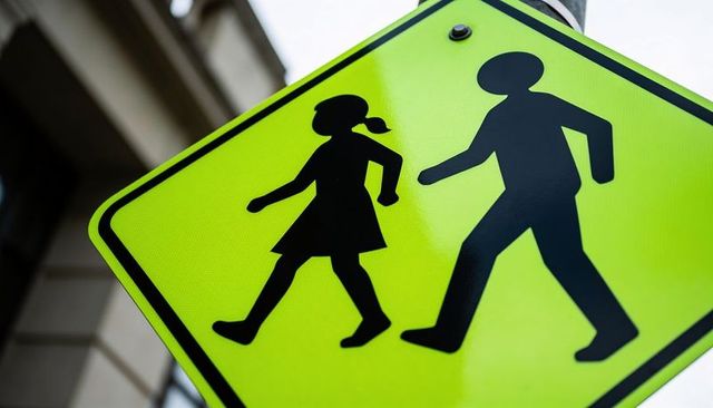 Fluorescent school crossing sign showing adult and child silhouettes on reflective panel