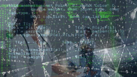 Doctor Consulting Child with Data Overlay Illustrating Healthcare Technology