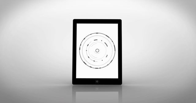 Minimalistic design of tablet displays futuristic circular interface on screen. Ideal for use in tech presentations, digital design mockups, futuristic concepts, and modern technology advertisements.