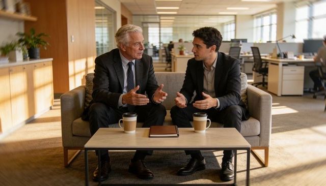 Executive mentoring conversation in daylit open-plan office lounge with coffee