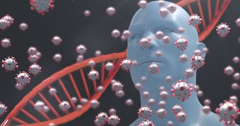 Dna strand with covid-19 cells and human model on dark background
