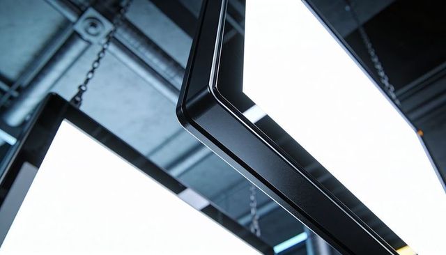Low-Angle Close-Up of Suspended LED Ceiling Panels with Black Bezel and Industrial Chains