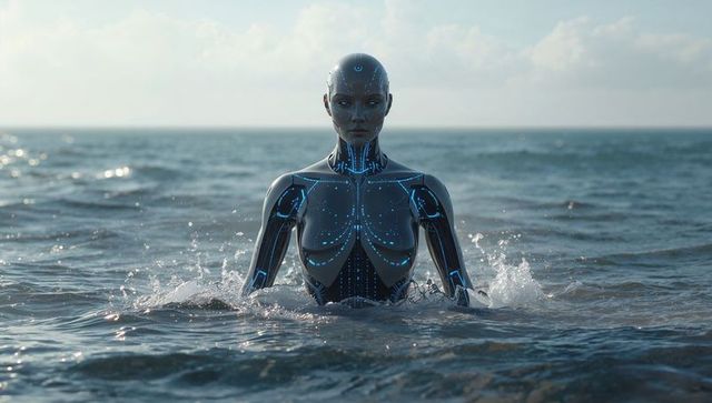 Female Humanoid Robot Rising From Ocean With Neon Blue Circuitry, Futuristic Coastal AI