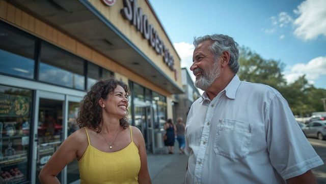 Happy couple smiling outside storefront on sunny day