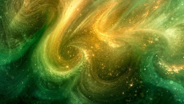 Emerald and amber spiral nebula with golden star clusters and swirling cosmic vortex