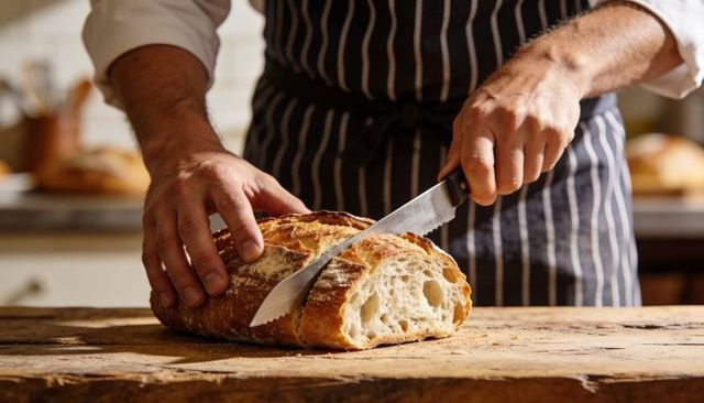 Baker slicing artisan sourdough loaf with serrated knife on rustic wooden board