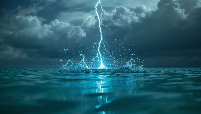 Powerful Lightning Bolt Striking Ocean during Intense Storm