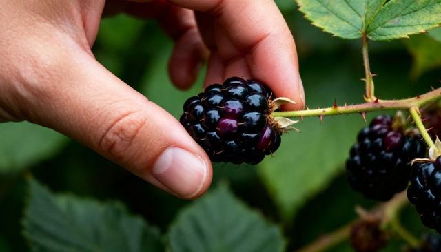 Picking Ripe Blackberry with Bare Hand on Thorny Bramble Closeup Macro Fresh Berry Harvest
